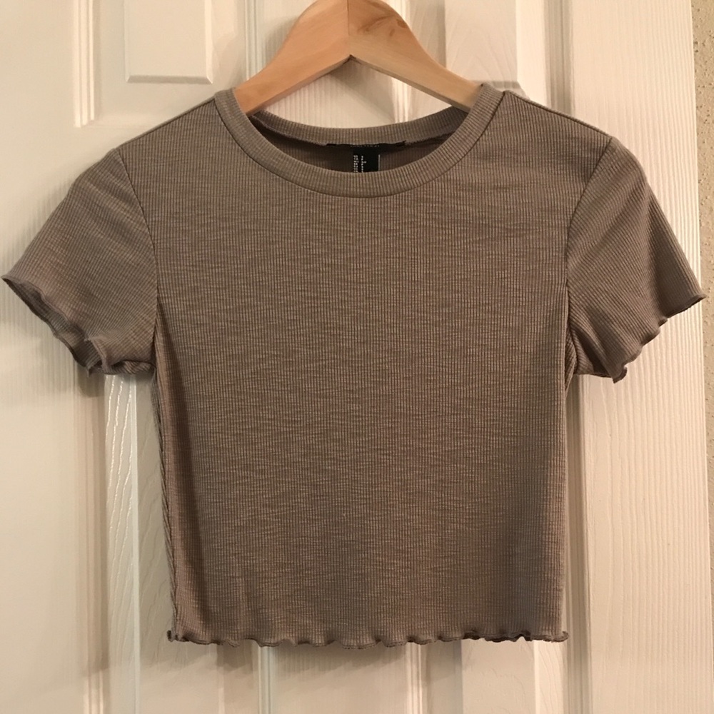 Taupe Crop Tee , W/Ruffle detail on Sleeve& bottom